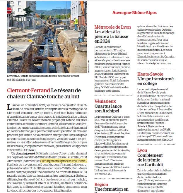 Article Le Moniteur-Cler-ingénierie_Cézeaux-Réseau Clermont-Ferrand